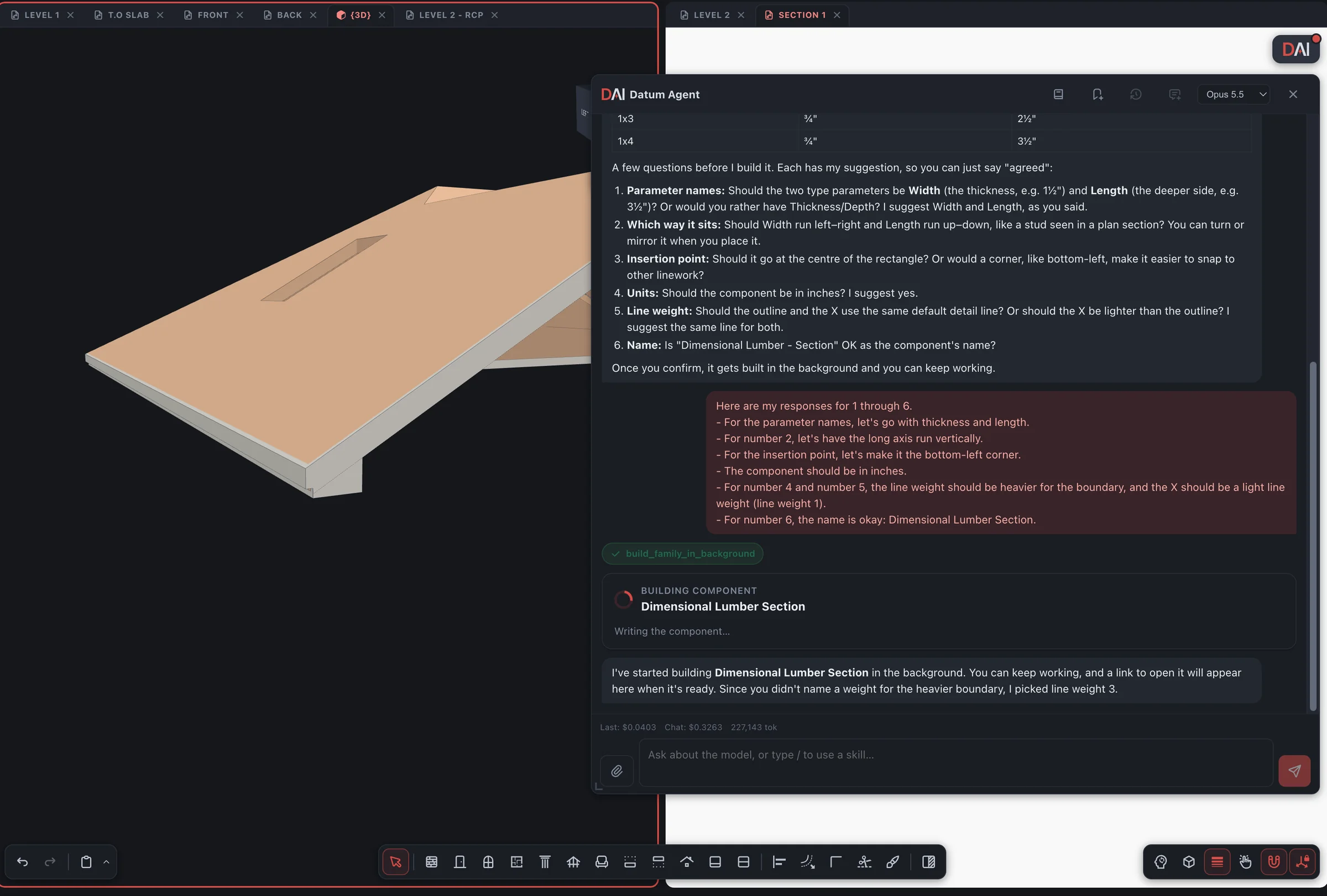 The Datum Agent window beside the 3D view: it asked six questions about a dimensional lumber section, took the answers and is building the component in the background.