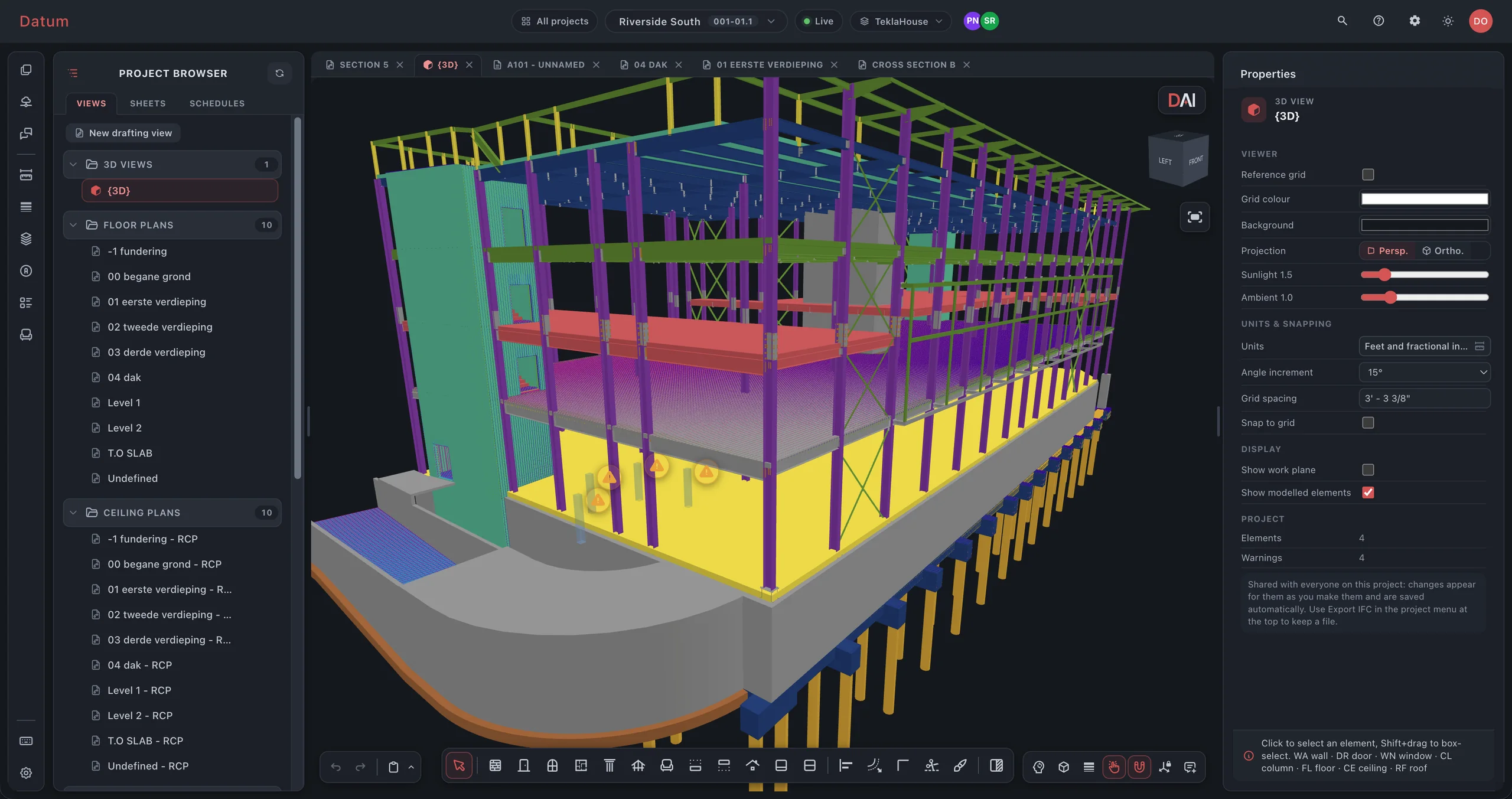 Datum open on a multi-storey steel and concrete building in 3D, its frame, floors and piles coloured by category, with the Project Browser's views on the left, the 3D view's Properties on the right and two teammates present in the top bar.